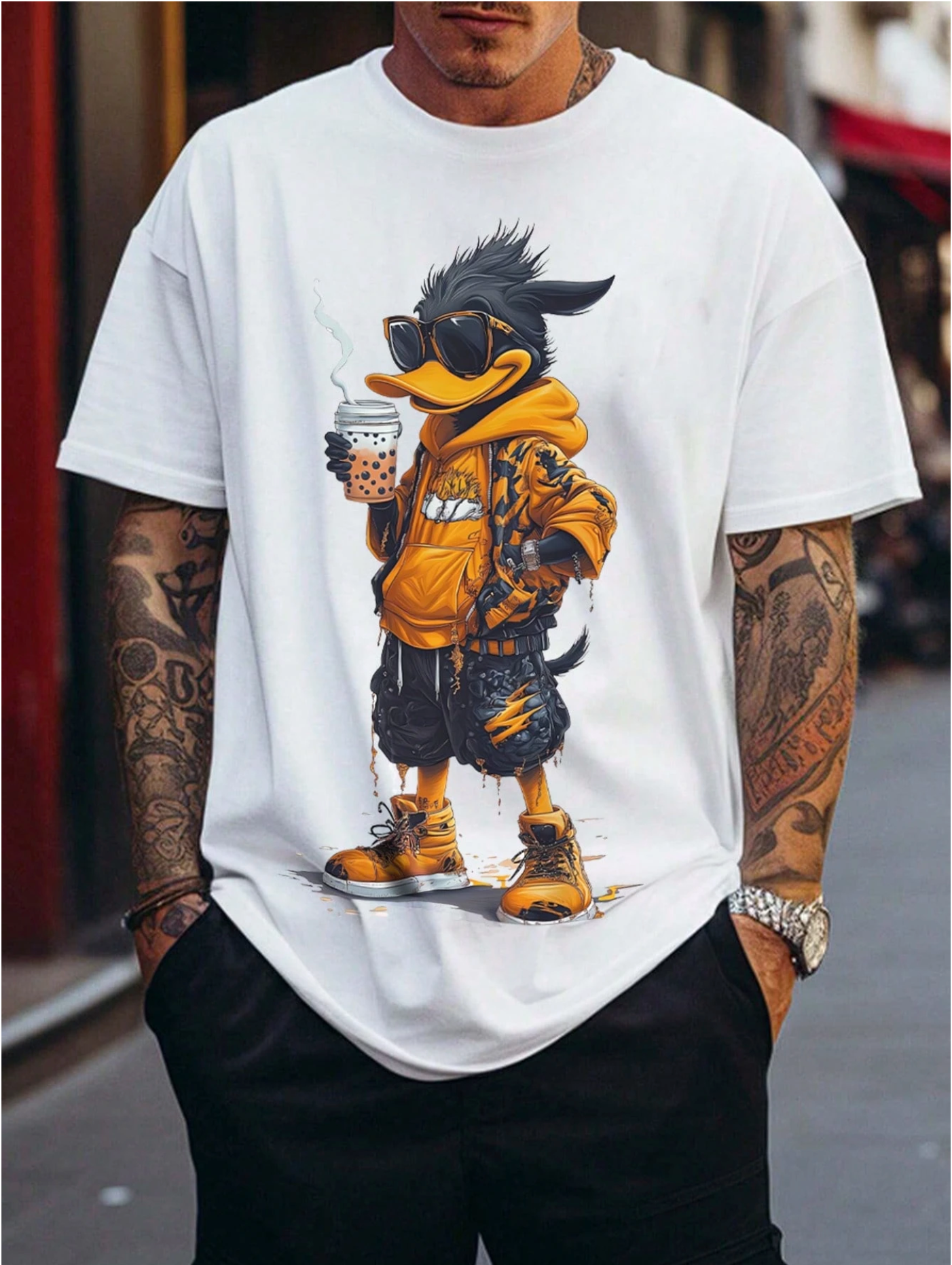 Street Life Duck Drinking Coffee T-Shirt